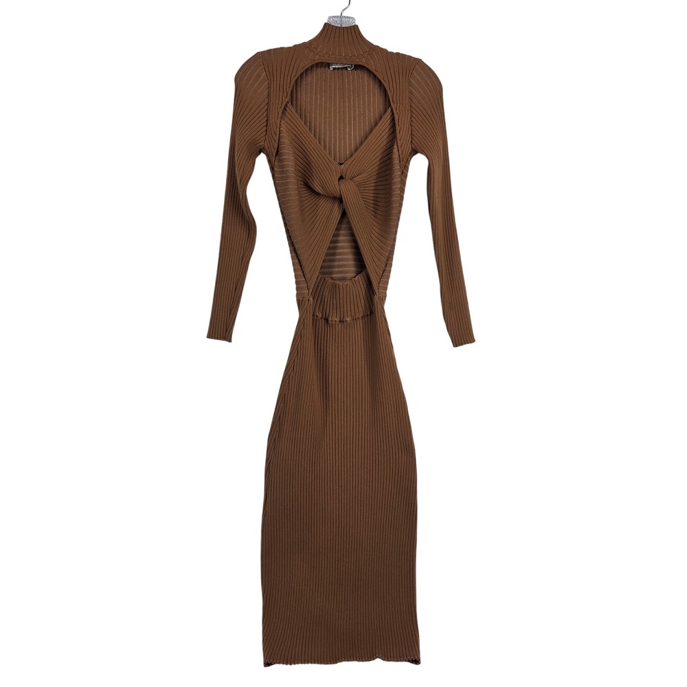 AMUR Ribbed Twist Front Cutout Midi Dress XS Brown Heavyweight Stretchy Boho